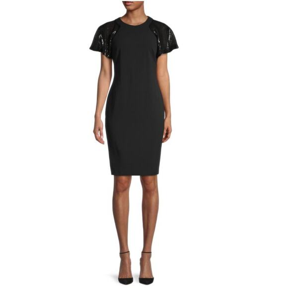 Calvin Klein 8 Dress Black Glitter Sequin Flutter Sleeve Sheath Zip Cocktail NWT - Picture 1 of 13